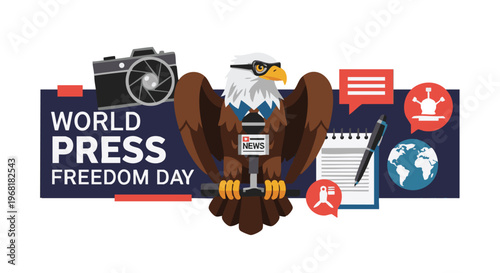 World Press Freedom Day illustration with eagle and journalism icons in flat colorful style for social media