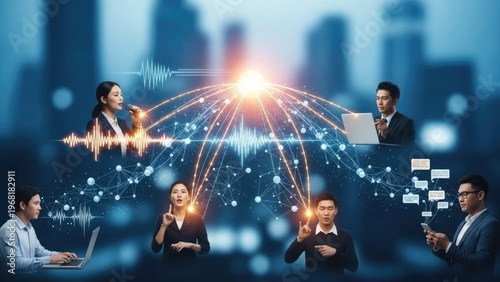 Businesspeople connected by networking, speech, and text over a blurred cityscape