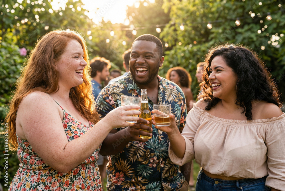 Fototapeta premium Group of friends enjoying drinks and laughing in outdoor garden 