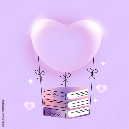 A heart-shaped balloon tied to a pile of books. Books gift or bookstore discount concept. Vector illustration