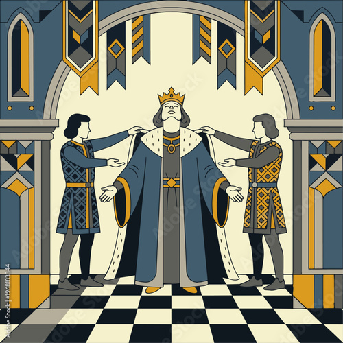 A symmetrical composition showing the two weavers "lifting" a heavy, invisible cape over the Emperor’s shoulders. The Emperor has his chin tilted up arrogantly. The floor is a flat, checkered pattern 