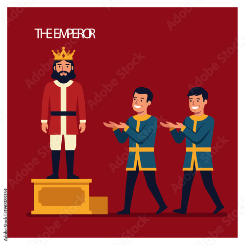 The Emperor standing on a podium while his attendants hold up the "train" of his invisible robe. The attendants’ hands are cupped at waist height, staring at the empty space with forced smiles. Solid,