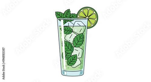 Refreshing Mint and Lime Beverage Illustration with Ice in a Tall Glass, Perfect Summer Graphic