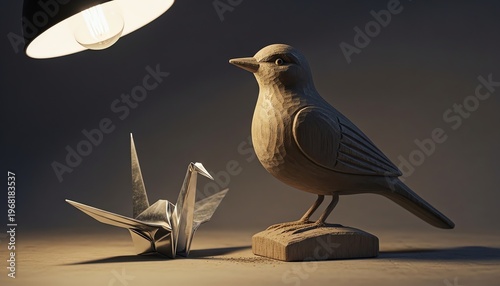 Weathered Hand-Carved Wooden Bird Statue and Sleek Silver Origami Crane on Dusty Workbench in Dimly Lit Artisan Studio