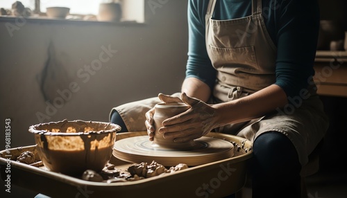 Artisan Hands Shaping Clay on Spinning Wheel in Rustic Pottery Studio