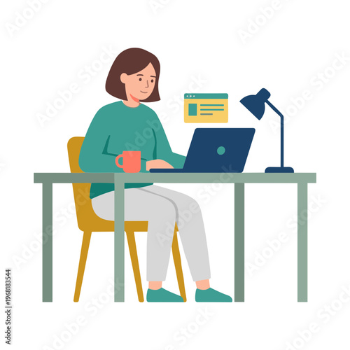 Woman sitting at desk working on laptop with lamp and coffee