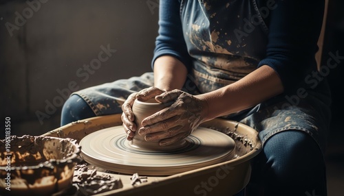 Artisan Hands Shaping Clay on Spinning Wheel in Rustic Pottery Studio