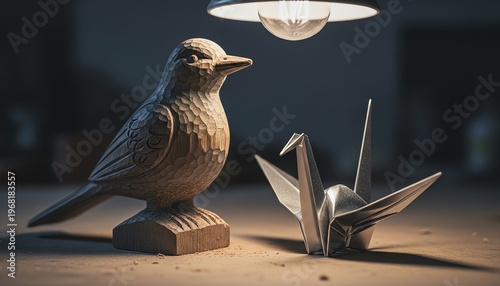 Weathered Hand-Carved Wooden Bird Statue and Sleek Silver Origami Crane on Dusty Workbench in Dimly Lit Artisan Studio