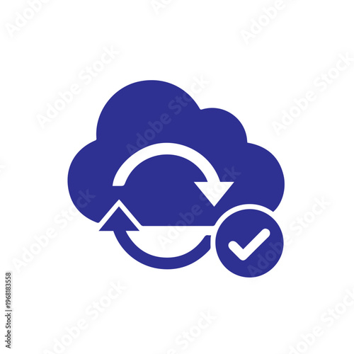 Dark blue cloud icon featuring refresh arrows and a checkmark signifies successful data synchronization.
