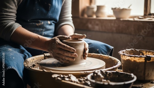 Artisan Hands Shaping Clay on Spinning Wheel in Rustic Pottery Studio