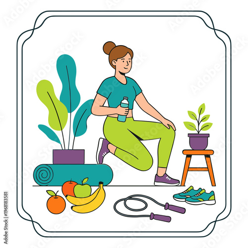 Woman takes a break from exercising with healthy snacks and plants nearby indoors