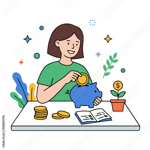 Woman saving coins in piggy bank on table with money and plant
