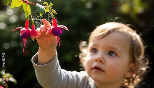 Curious Toddler Reaching for Dew-Kissed Spiderweb on Fuchsia Petals in Sunlit Botanical Garden