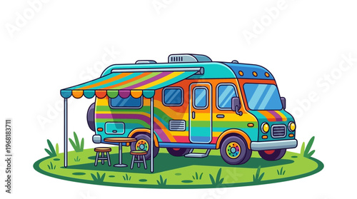 Colorful camper van with awning.