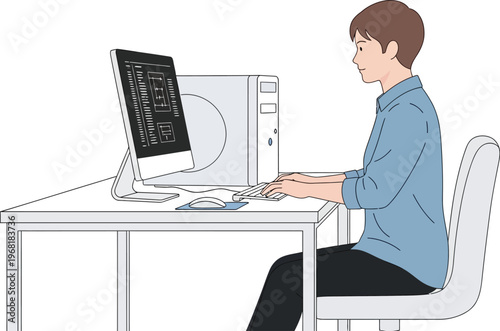 Young man sits at a desk typing on a keyboard with a computer screen.