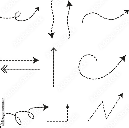 Set of arrows , Dotted Line Arrow Set Vector Collection, Modern Dotted Arrow Path Set for UI Design, Abstract Dotted Line Arrows Vector Pack, Minimal Dashed Arrow Lines Collection
