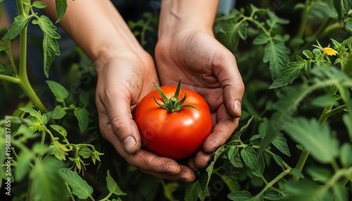 Gardener's Soil Stained Hands Holding Ripe Red Tomato in Lush Vegetable Patch with Warm Sunlight