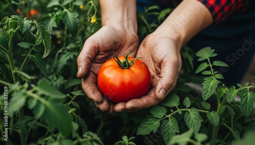 Gardener's Soil Stained Hands Holding Ripe Red Tomato in Lush Vegetable Patch with Warm Sunlight