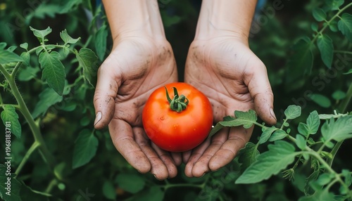 Gardener's Soil Stained Hands Holding Ripe Red Tomato in Lush Vegetable Patch with Warm Sunlight