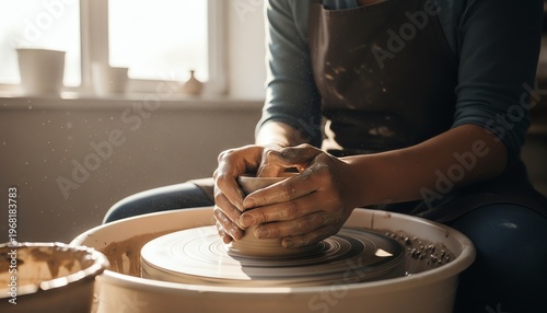 Potter's Hands Molding Clay on Wheel in Sunlit Studio with Macro Detail