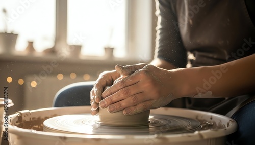 Potter's Hands Molding Clay on Wheel in Sunlit Studio with Macro Detail