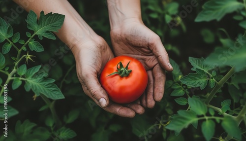 Gardener's Soil Stained Hands Holding Ripe Red Tomato in Lush Vegetable Patch with Warm Sunlight