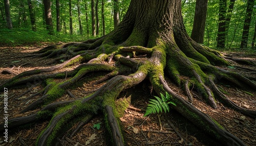 Anfractuous Ancient Oak Root System with Moss and Dappled Sunlight in a Hidden Forest Grove, Worm's Eye View