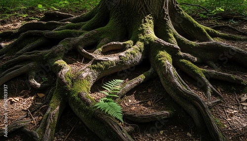 Anfractuous Ancient Oak Root System with Moss and Dappled Sunlight in a Hidden Forest Grove, Worm's Eye View