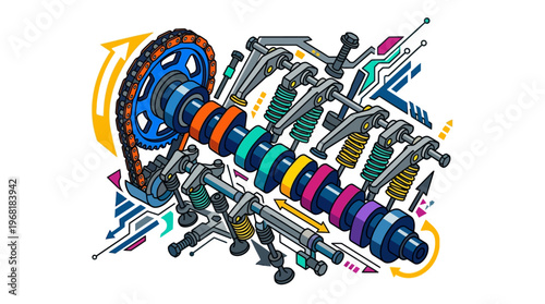 Colorful car suspension system components.