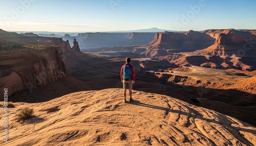 Lone Hiker on Sandstone Bluff Overlooking Vast Arid Canyon Landscape at Golden Hour with Deep Depth of Field