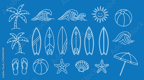 Various black outline summer beach vacation icons are arranged neatly in a grid, depicting popular leisure and travel elements with a clean, minimalist