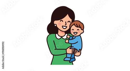 Joyful illustration of a mother lovingly holding her happy baby, symbolizing maternal care and family bliss