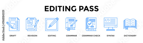 Editing Pass Banner Web Icon Set Collection Pack Vector Illustration Concept For Refine Drafts With Grammar Precision And Polished Language Quality