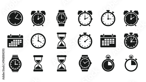A collection of black clock and time related icons including wristwatches alarms and calendars in a striking silhouette high quality professional