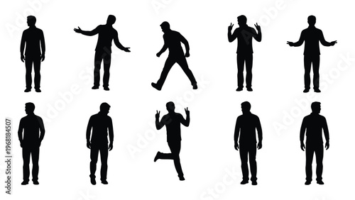 A collection of nine black silhouettes depicting various human poses and gestures against a white background silhouette high quality professional detailed