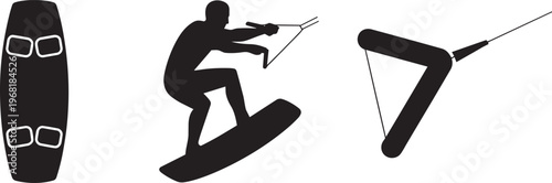 Wakeboarding Icons: Silhouette Of A Rider, Wakeboard, And Handle With Rope