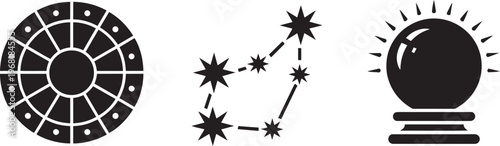 Astrology Symbols: Zodiac Wheel, Constellation, And Crystal Ball Illustration