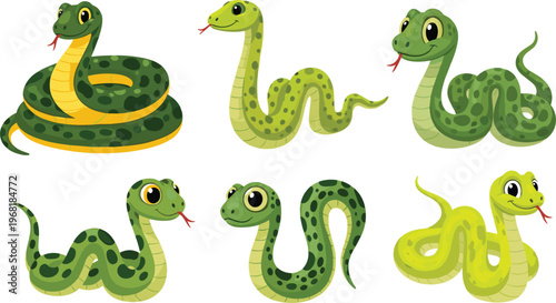 Cute cartoon snake set green reptiles collection different poses wildlife animal characters vector illustration design