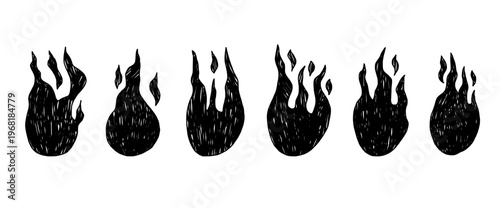 Linocut bonfire set. Naive kids flame icons illustrations with crayon and charcoal effects. Collection of rough-textured blazing elements. Great for retro designs, punk aesthetics, creative background