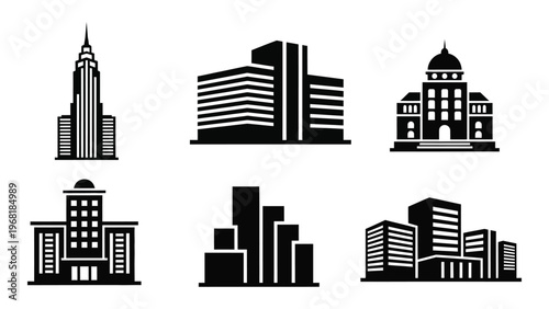A collection of black architectural structures representing various buildings displayed as a bold silhouette high quality professional detailed modern elegant stylish