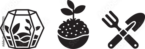 Gardening Icons: Terrarium, Plant Sprout In Pot, And Crossed Fork And Trowel