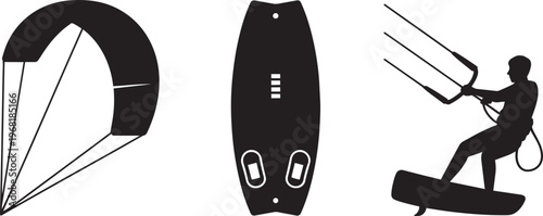 Kitesurfing Icons Set With Kite, Board And Rider Silhouette