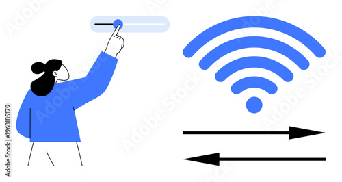 Connectivity, technology access, data adjustment, internet settings, wireless communication, bandwidth control. Woman adjusting slider next to wireless symbol and arrows. Connectivity and data