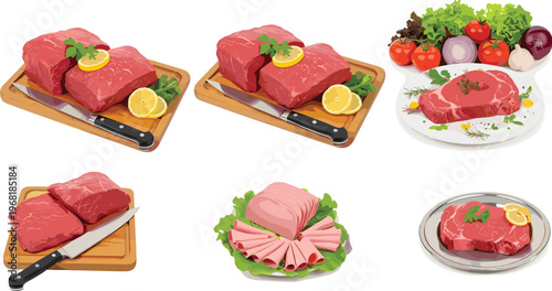  Fresh raw meat with herbs vegetables and knife steak pork beef food preparation vector illustration set