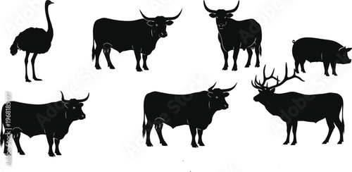 Photography Silhouettes of diverse farm and wild animals including ostrich, cattle, pig, and