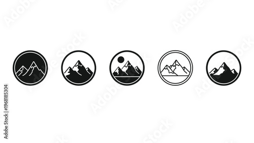 A series of circular emblems displaying mountain ranges and a sun showcasing a minimalist silhouette high quality professional detailed modern elegant