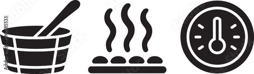 Set Of Three Sauna Icons: Bucket, Steam, And Thermometer