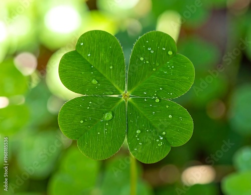 Close-up shot of a four-leaf clover with water droplets, set against a blurred green background of other clovers and sunlight