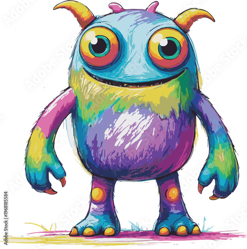 random monster with 3 eyes and 5 legs, childish drawing 