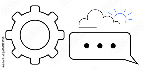 Technology, progress, communication, cloud services, innovation, machinery. A gear next to a speech bubble with a cloud and sun. Technology and communication concepts in a modern visual style